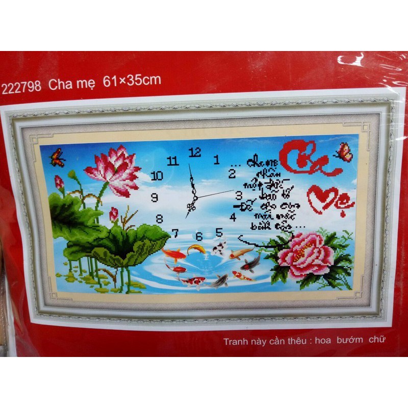 Tranh thêu chữ thập đồng hồ cha mẹ 222798 61x35cm