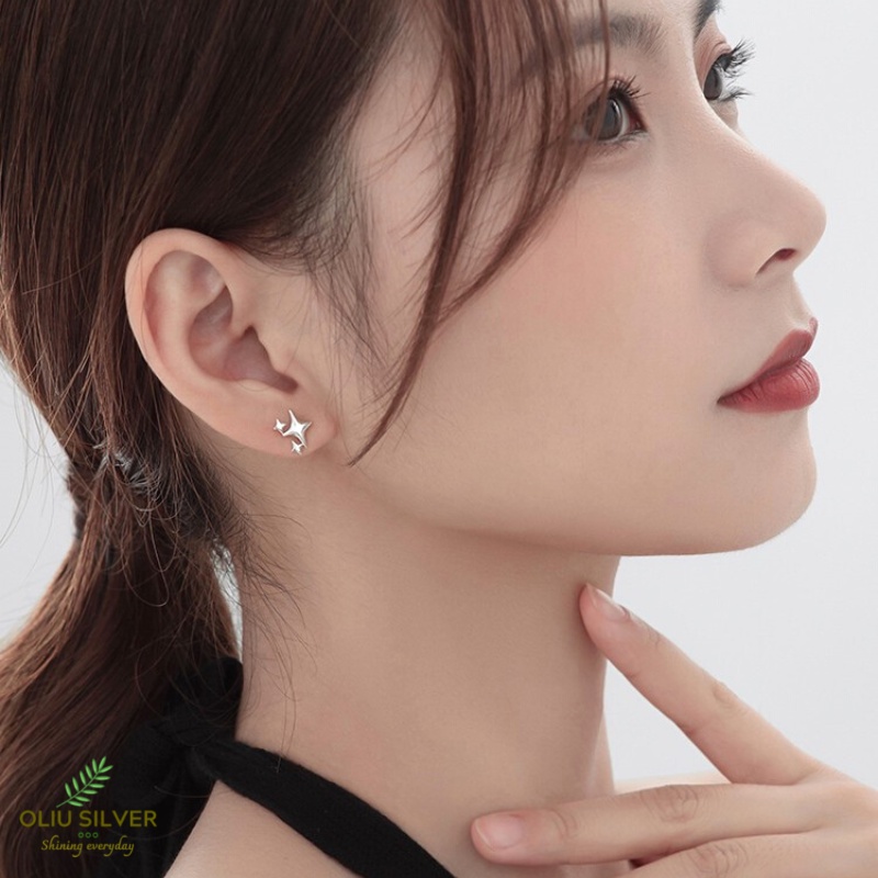Bông Tai Bạc S925 Ngôi Sao Bốn Cánh Bất Đối Xứng Trẻ Trung Cá Tính | Khuyên Tai Nữ Trang Sức Bạc Thời Trang