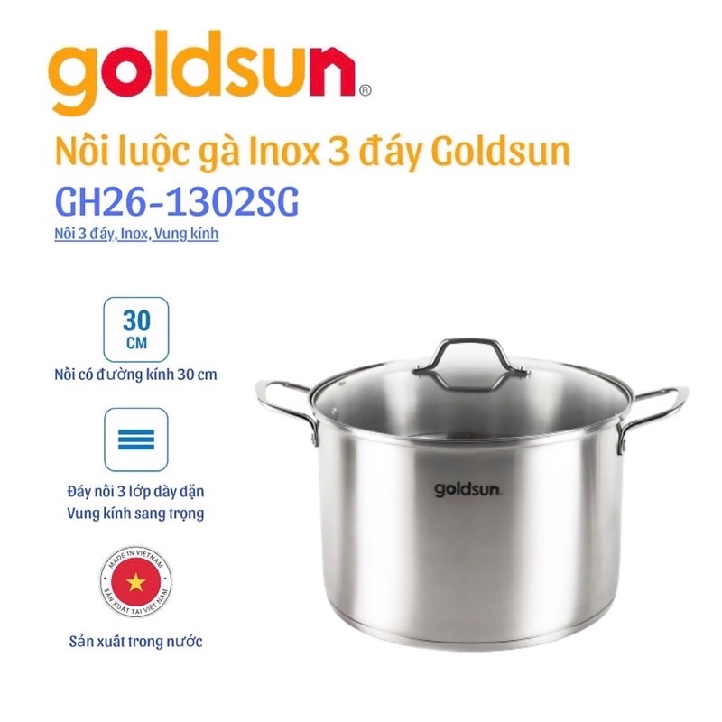 Nồi luộc gà inox,Đáy Từ, Nồi luộc gà Goldsun GE43-1302SG size 26-28-30Cm- [Hàng chính hãng]