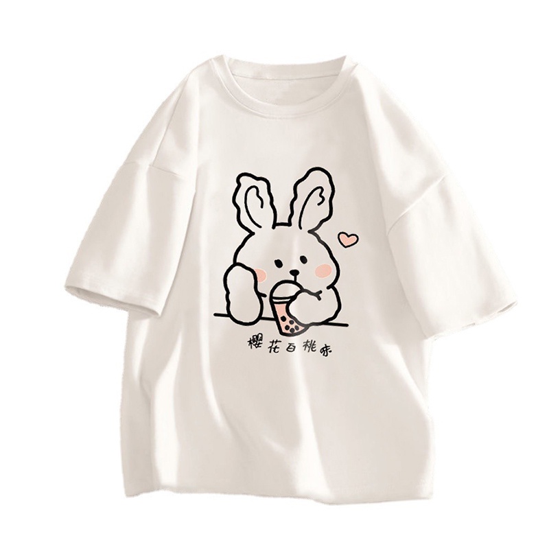 Áo thun IELGY cổ tròn tay ngắn dáng rộng in họa tiết hoạt hình dễ thương thời trang cho nữ