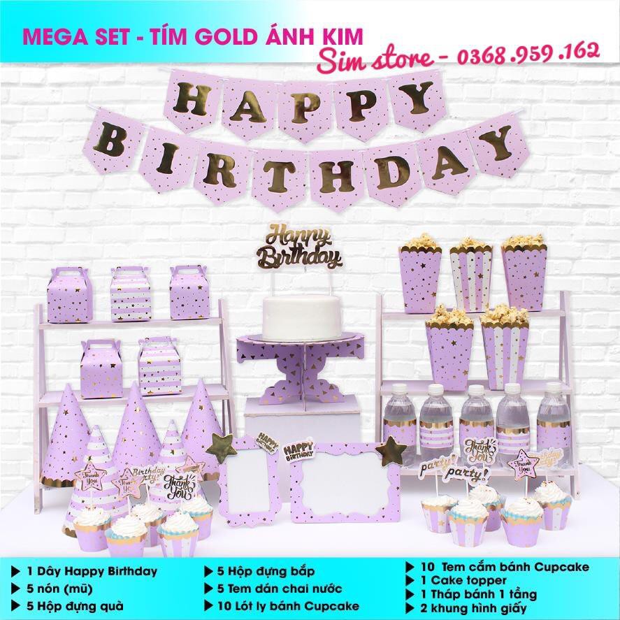 Set Mega Trang Trí Sinh Nhật Chủ Đề Người Lớn Màu Tím Gold Ánh Kim