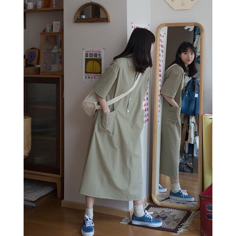 AMOI Đầm Midi Dáng Rộng Cổ Polo Phong Cách Hàn Quốc Thời Trang Cho Nữ