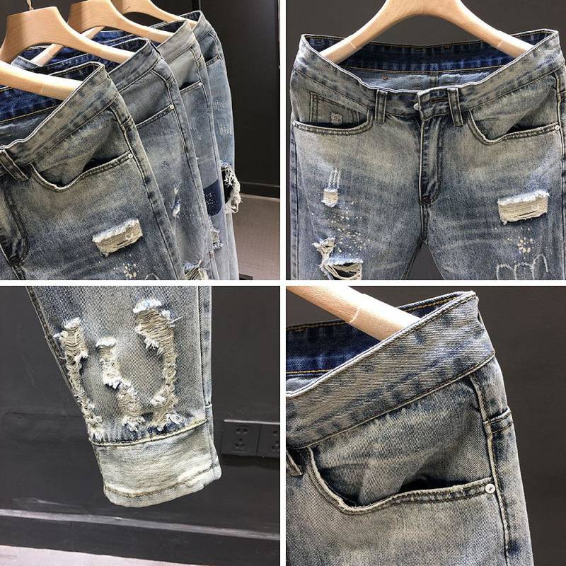 2022 New Men's Ripped Jeans Cropped Pants Men's Slim Fit Trendy Youth Handsome Tappered Pants Men's Clothing Fashion Menswear UzRq