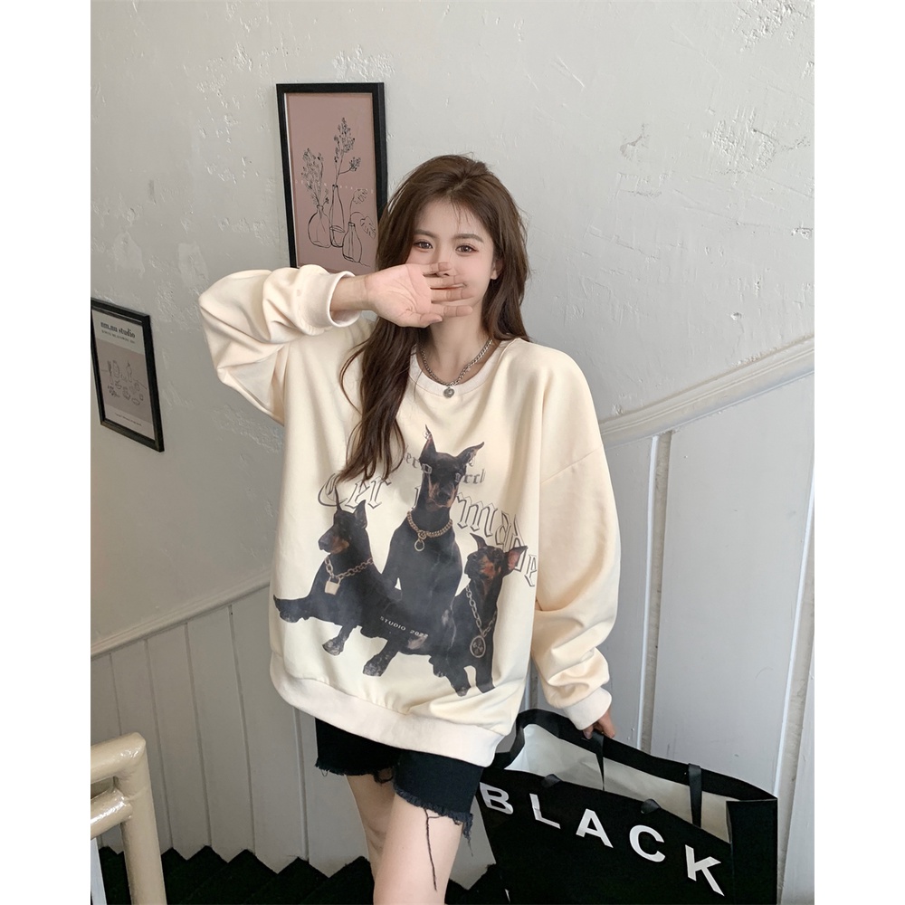 Áo len cổ tròn tay dài dáng rộng in họa tiết phong cách Mỹ cổ điển thời trang cho nữ