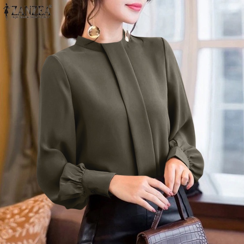 Áo sơ mi ZANZEA màu trơn tay dài có nút thanh lịch cho nữ