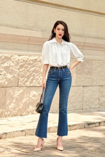 Sơ mi cotton lụa trắng tay phồng -HBSM759