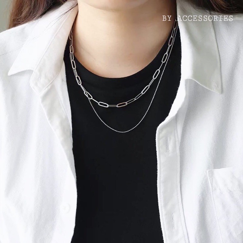 Dây chuyền titan 2 tầng xích trơn chữ nhật mảnh và bi tròn không gỉ LC01