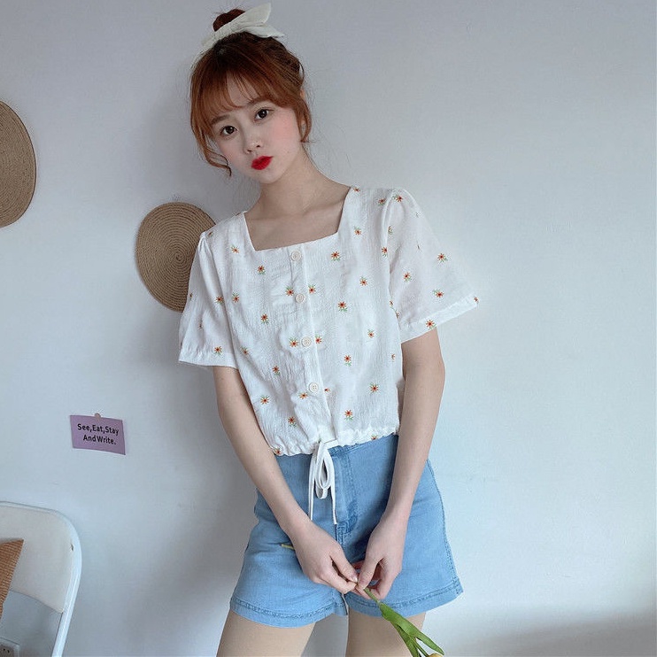 Áo Sơ Mi Ngắn Tay Cổ Vuông Họa Tiết Hoa Mẫu Mới 2022 Thời Trang Mùa Hè Cho Nữ