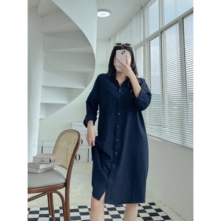[HÀNG THIẾT KẾ - CRUSHH STUDIO ] D12 - Đầm sơ mi xanh đen linen gân