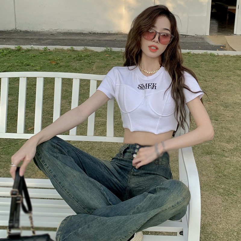 Áo Thun Croptop Tay Ngắn In Chữ Phong Cách Hàn Quốc Thời Trang Mùa Hè Quyến Rũ Cho Nữ