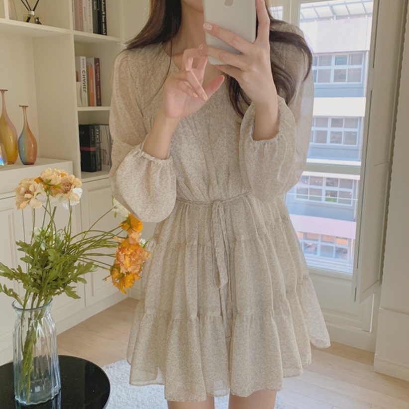 Đầm voan hoa tay dài dáng rộng phong cách thời trang Hàn Quốc 42155