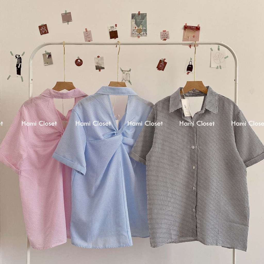 Áo sơ mi kẻ caro ngắn tay cổ đức xoắn sau lưng phong cách ulzzang Hàn quốc
