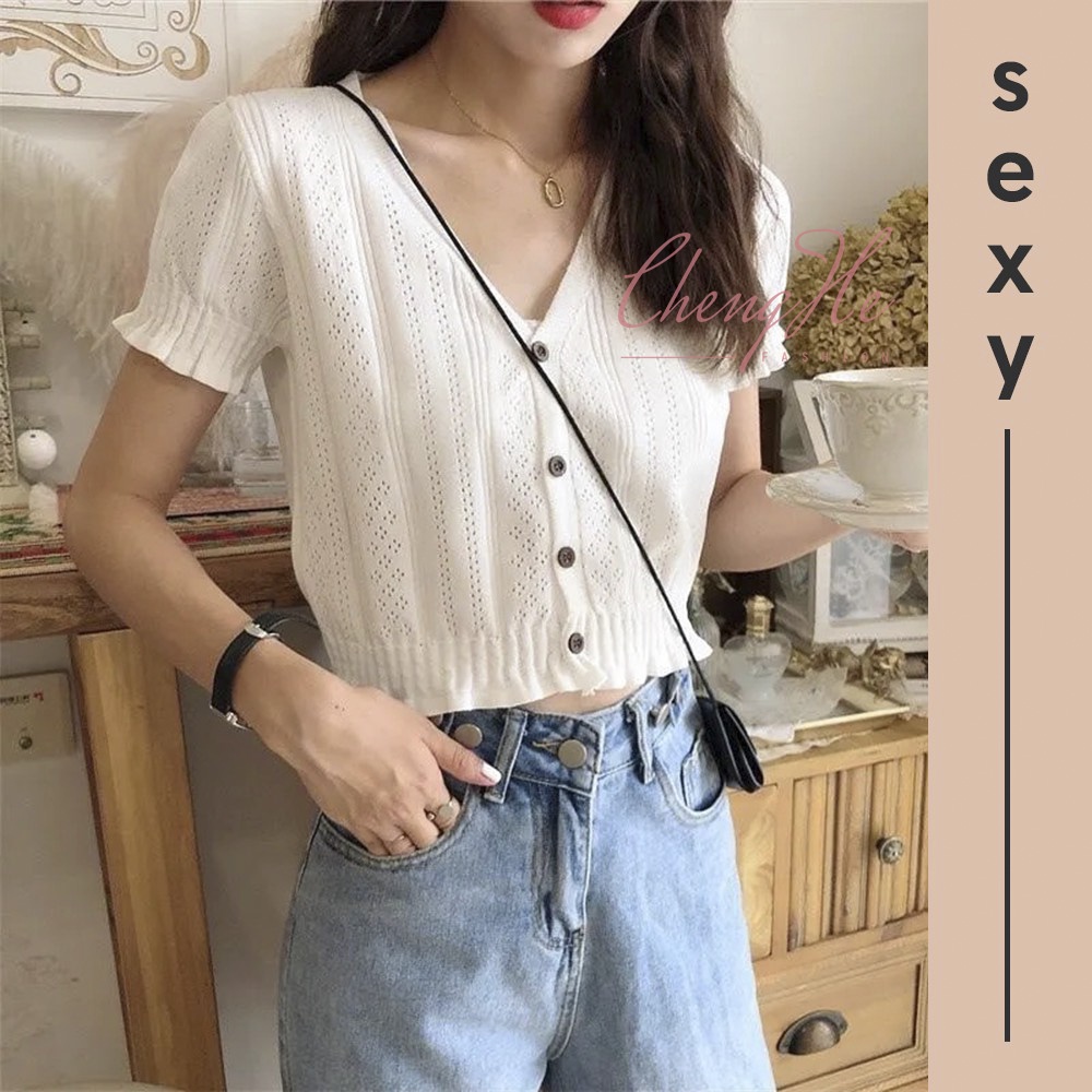 Áo croptop dáng lửng hở eo cộc tay cổ V ôm dáng jennie/ black pink siêu xinh A00013