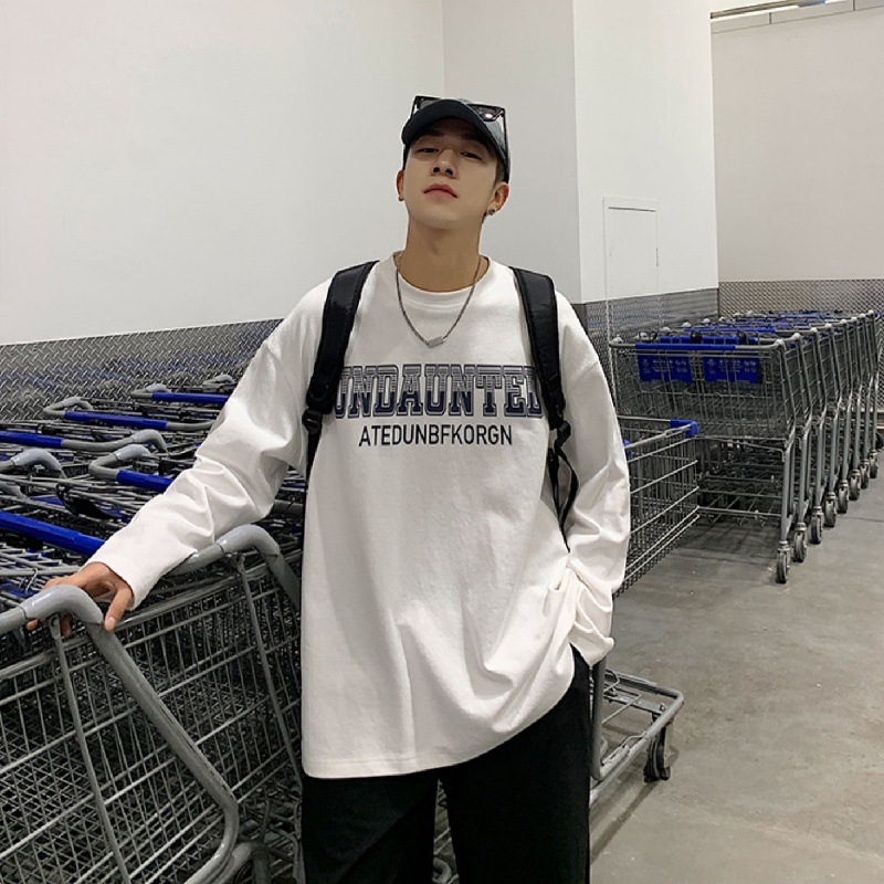 Áo thun tay dài dáng rộng in chữ phong cách Hàn Quốc thời trang cho nam size M-5XL