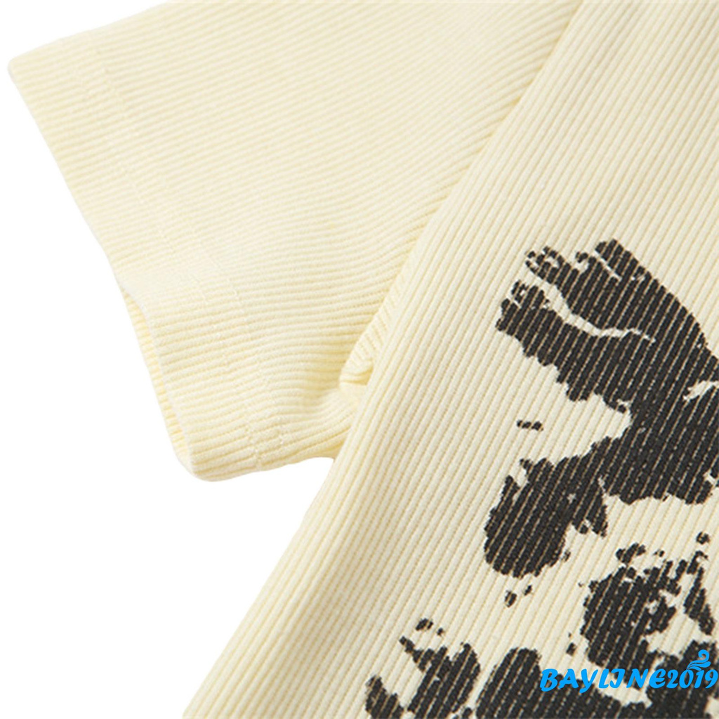 Áo thun croptop dáng ôm ngắn tay cổ khoét in hình thời trang cho nữ