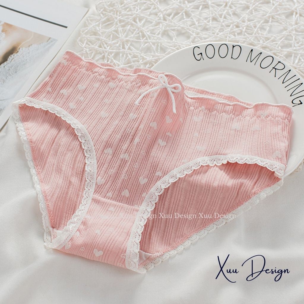 Quần lót cotton nữ Wexuu Design, Quần lót nữ chất cotton phối viền ren họa tiết dâu nơ dễ thương QC31