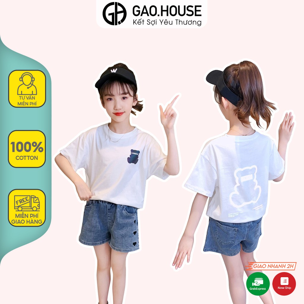 Áo thun cộc tay cổ tròn Gạo House cotton 4 chiều họa tiết Gấu neon tỏa sáng cho bé gái T11