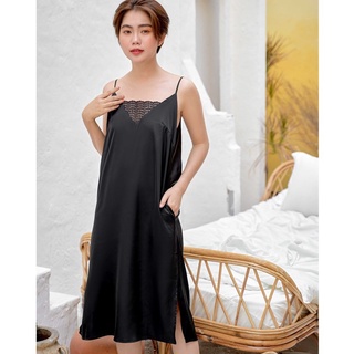 [O] VIBES Váy ngủ 2 dây Lụa trơn cao cấp Ink Silk Strap Dress