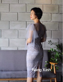 Đầm ren bút chì, đính nơ vai