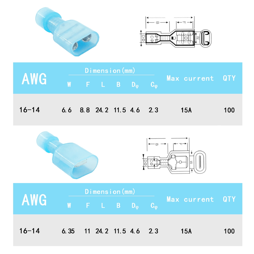 Set 200 đầu nối dây điện cách điện bằng sợi nylon 16-14 Gauge