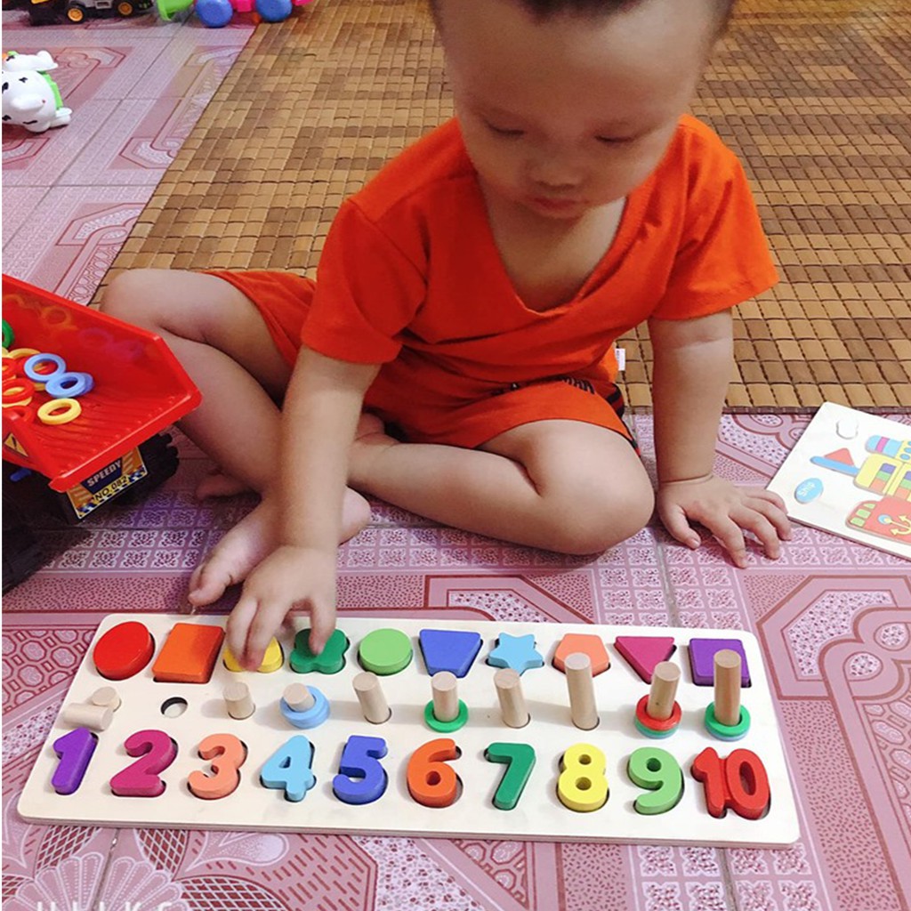 Đồ Chơi Gỗ Cột Tính Học Đếm Và Phân Biệt Hình Khối Cho Bé Theo Phương Pháp Montessori