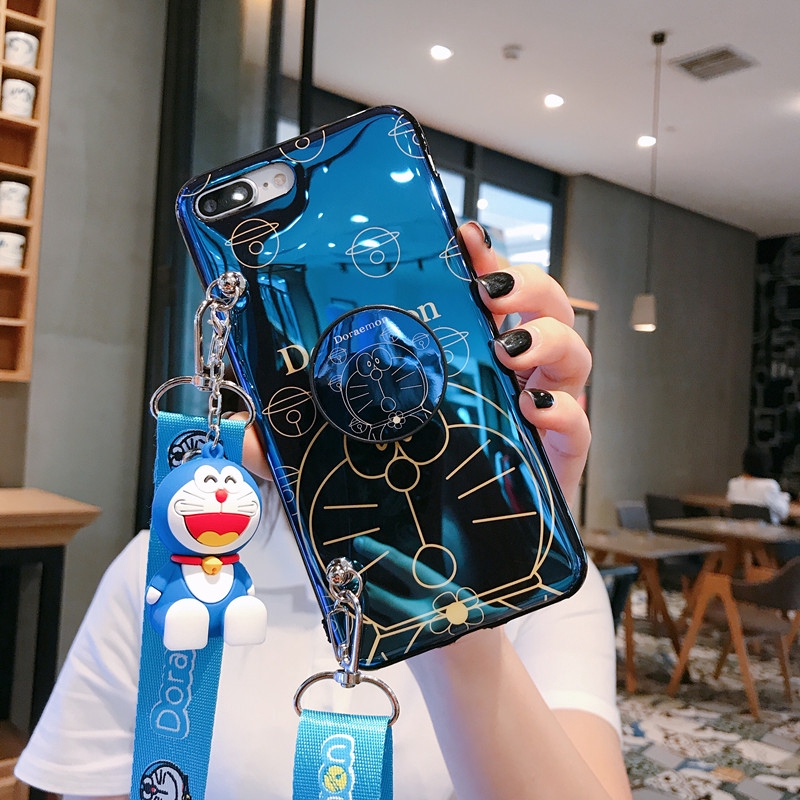 Ốp điện thoại mềm trang trí hoạt hình Doremon kèm dây đeo vai và đệm đỡ cho iPhone 11 Pro Max X XS XR 8 7 6 6S Plus