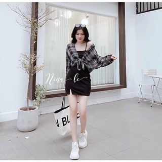 Sét Đầm Body Nữ 2 Dây Kèm Áo Khoác Voan Caro Thiết Kế Mới Phối Đồ Đẹp Độc Và Lạ