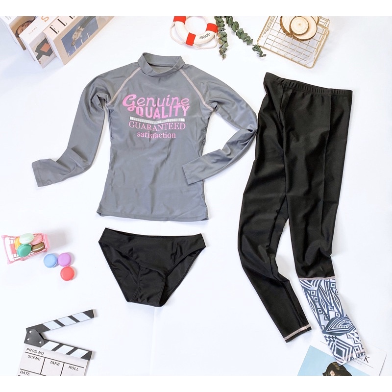 Đồ bơi bikini nữ dài tay quần dài xám chữ hồng chống nắng hàng nhập QC siêu xinh
