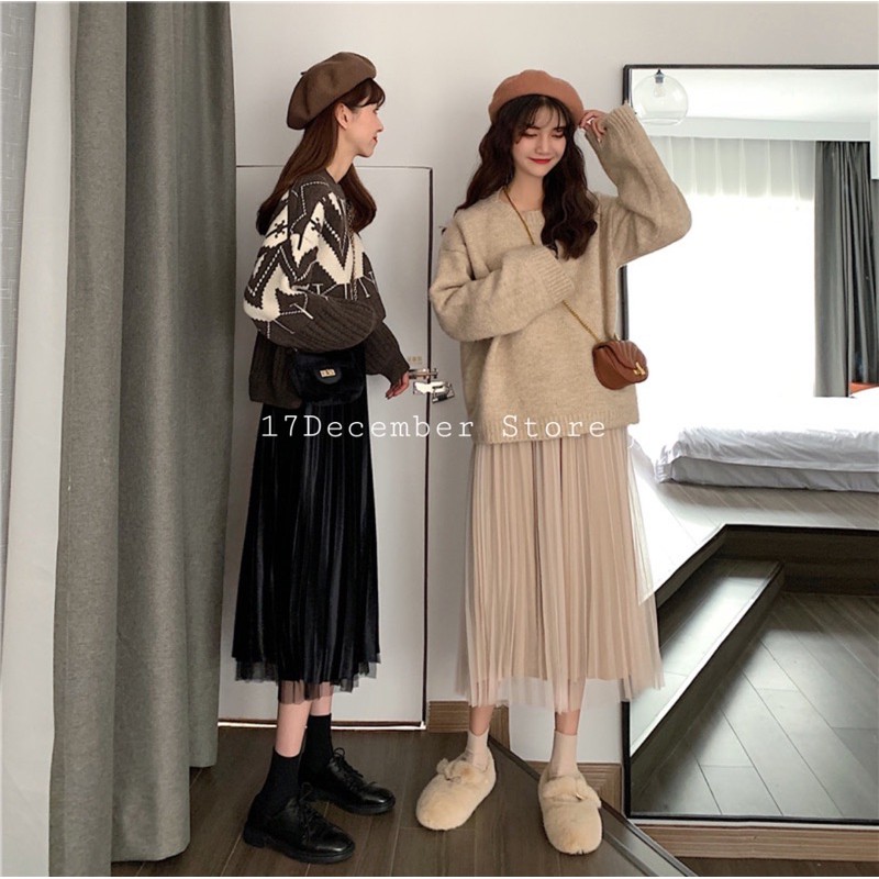 Chân Váy Midi Xếp Ly✨CHÂN VÁY NHUNG PHA REN DÁNG DÀI | BigBuy360 - bigbuy360.vn