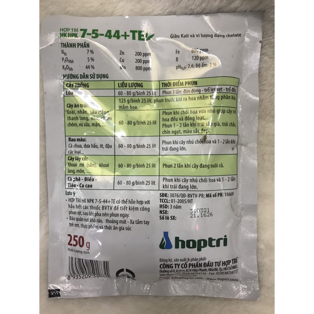 Phân bón NPK HK 7-5-44 + TE Hợp Trí 250gr