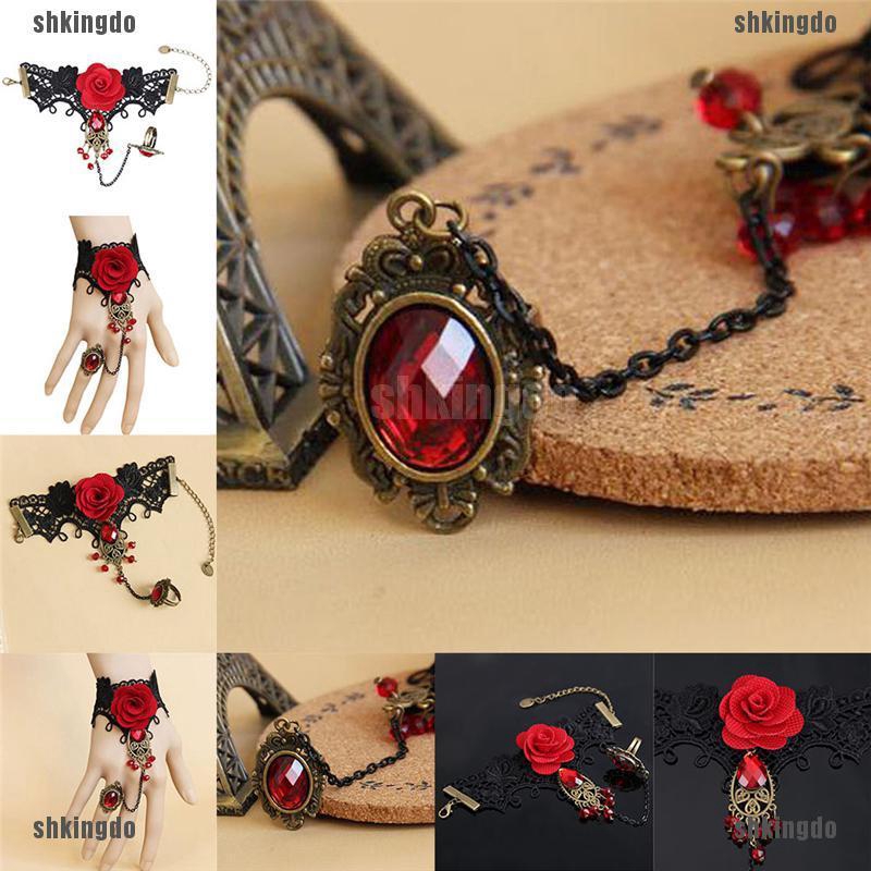 Vòng tay ren hoa hồng đỏ phong cách gothic có thể điều chỉnh kích cỡ