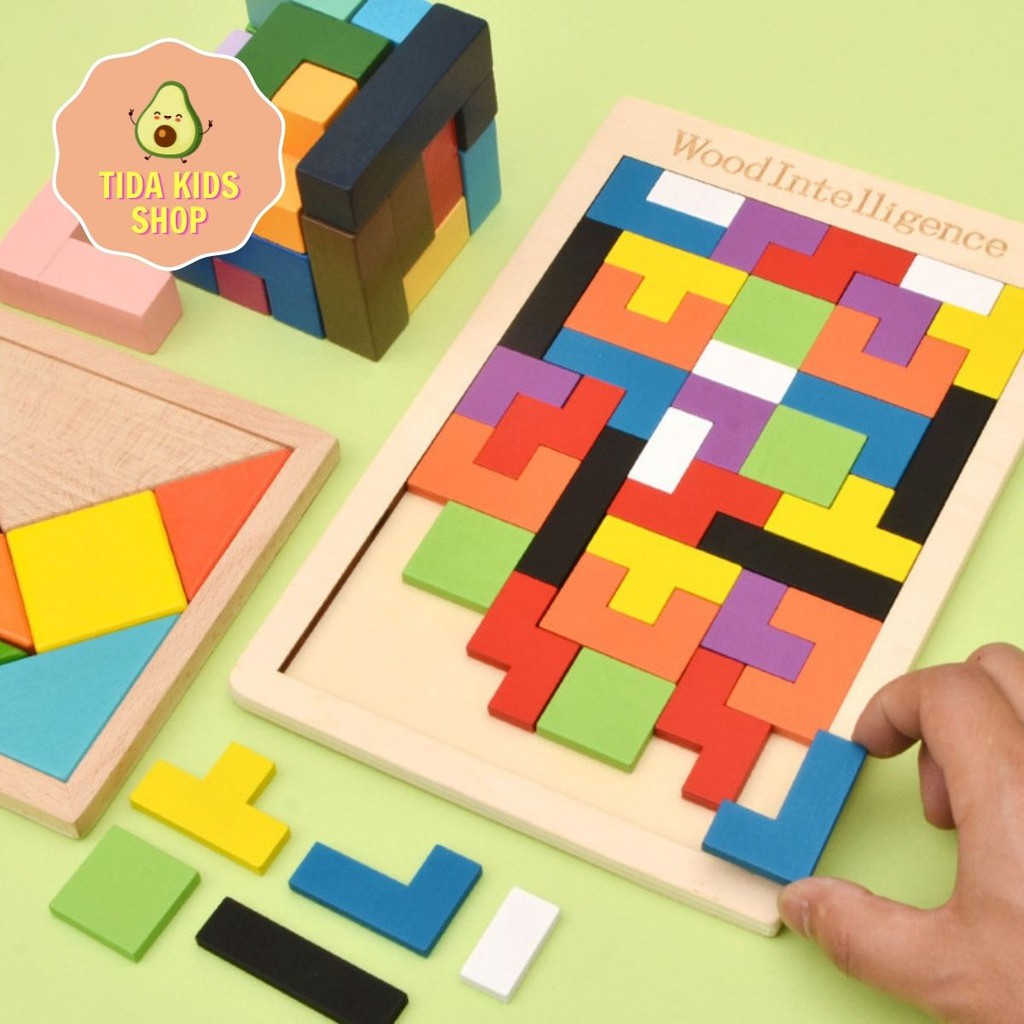 Đồ Chơi Gỗ TIDA KIDS SHOP, Đồ Chơi Gỗ Wooden Intellengence Trò Chơi Tetris Xếp Gạch Gỗ Pitomio Montessori Cho Bé