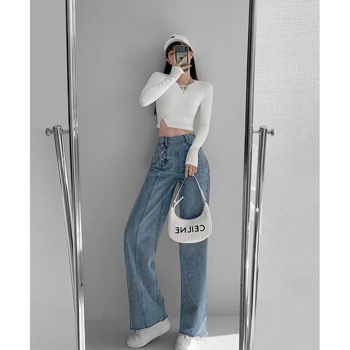 Quần jeans DaDuHey 2022 màu xanh lam nhạt phiên bản Hàn Quốc eo cao ống rộng đính nhiều nút thời trang xu hướng