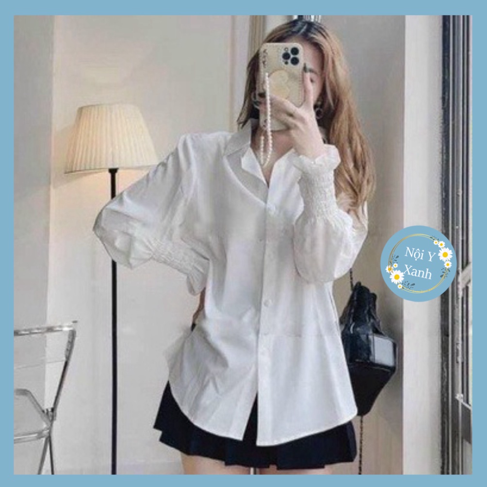 Áo sơ mi nữ dài tay trắng đi học, đi làm cổ bẻ form rộng vừa, bo nhún cổ tay vải lụa nội y xanh chất đẹp mầu trắng đen