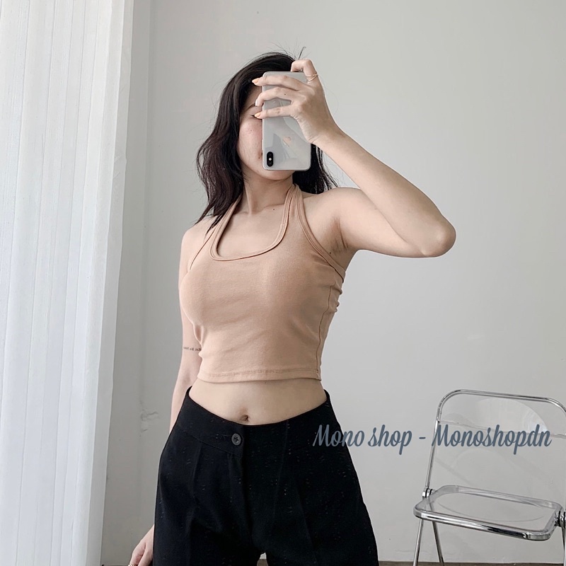 Áo thun croptop cổ yếm có mút ngực kiểu dáng đơn giản dễ mặc Ảnh thật/ sẵn
