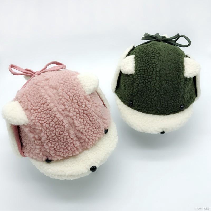 Mũ lông thiết kế có tai và dây buộc bằng chất liệu lông nhung giữ ấm dễ thương cho trẻ