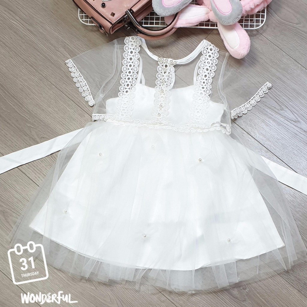 Bộ đầm trắng phong cách hanbook kèm áo khoác ren bé gái