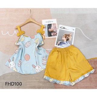 Đồ Mặc Nhà - Pyjamas , Bộ Lụa 2 dây nơ đùi,lụa santin cao cấp
