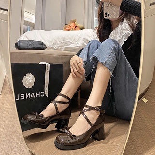 Giày cao gót, giày búp bê đế vuông nữ mũi vuông có quai nơ thiết kế retro vintage chali g012