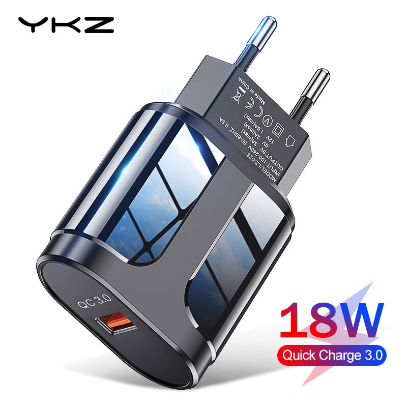 Củ Sạc Nhanh 18W YKZ, 1 cổng ra USB, hỗ trợ QC 3.0, dùng được cho nhiều thiết bị như iPhone, Samsung, Xiaomi...