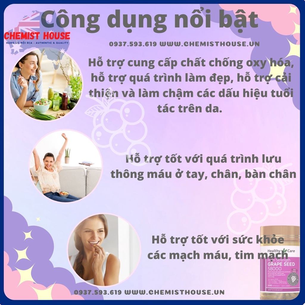 Viên uống tinh chất hạt nho hàm lượng cao bổ máu Healthy Care Grape Seed 58,000 mg