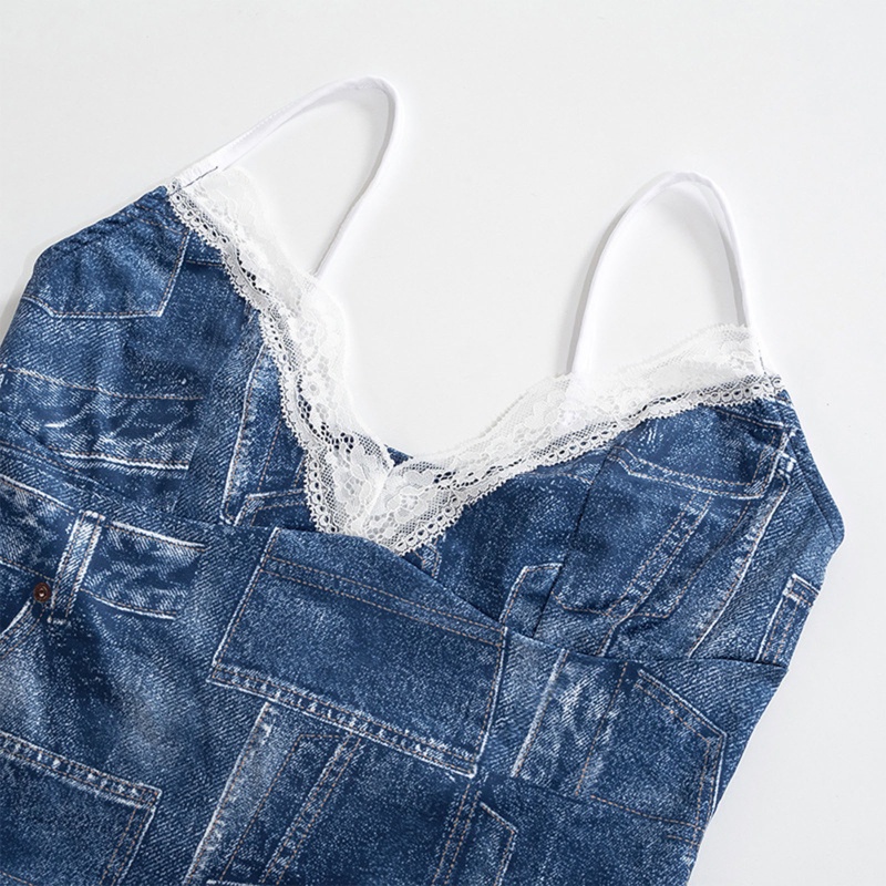 Đầm Denim Hai Dây Ôm Dáng Phối Ren Quyến Rũ Dành Cho Nữ