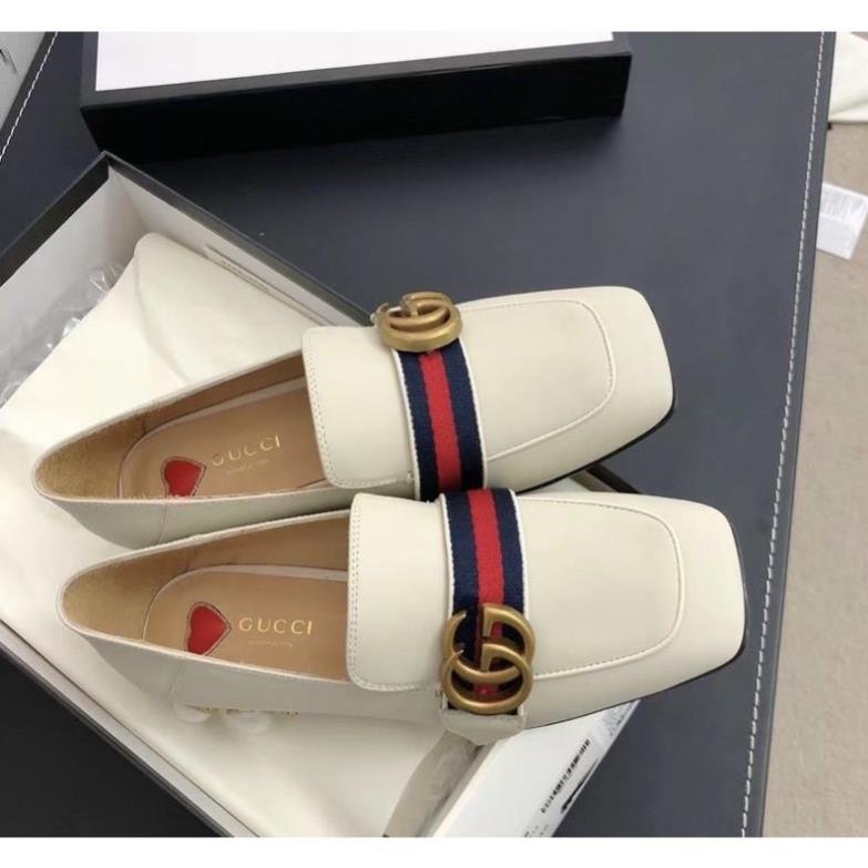 Giầy Lười Gucci Gót Ngọc Trắng Đen