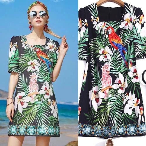 Đầm Dự Tiệc Dáng Ôm Tay Ngắn Bigsize Họa Tiết Phối Con Két Đính Đá Thủ Công Hàng Nhập Quảng Châu Cao Cấp