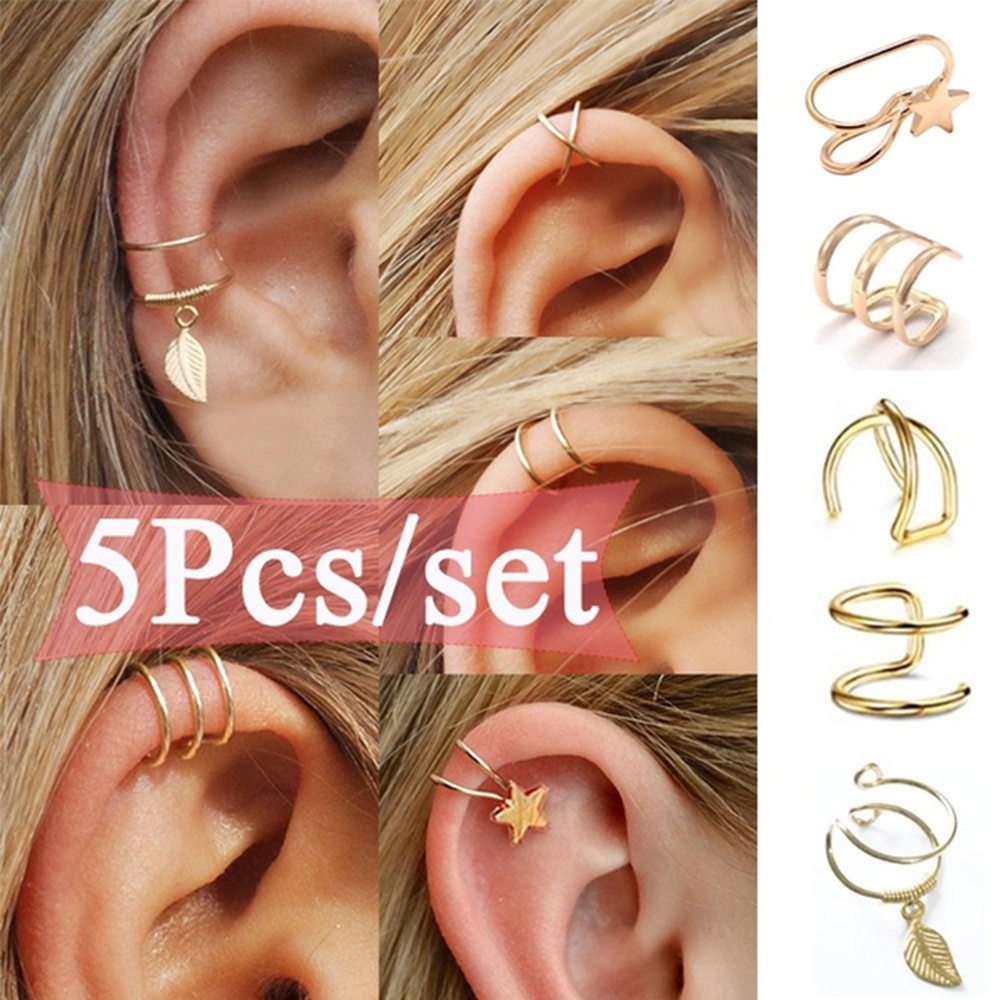 Set 5 Khuyên Vành Tai Hình Chiếc Lá Nhiều Màu Thời Trang Cho Nam Nữ