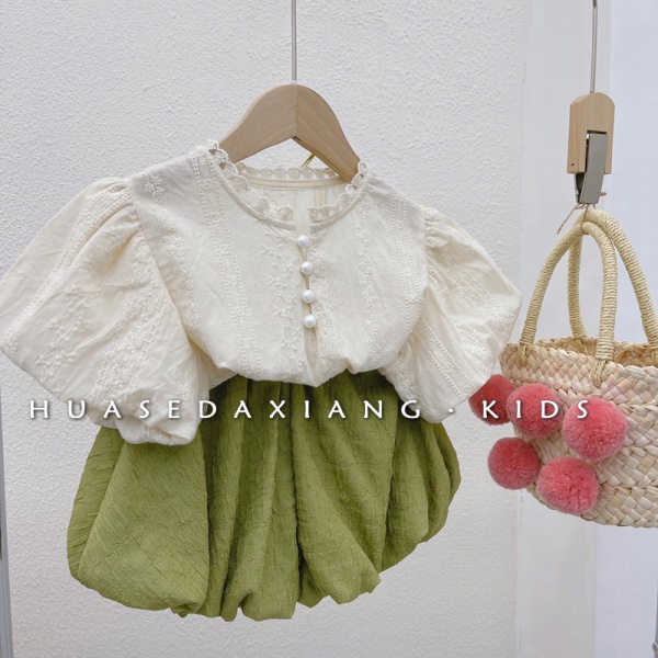Bộ Áo Cổ Tròn Tay Phồng Thêu Họa Tiết + Quần Dài Phong Cách Nhật Hàn Thời Trang Mùa Hè Cho Bé Gái 2022