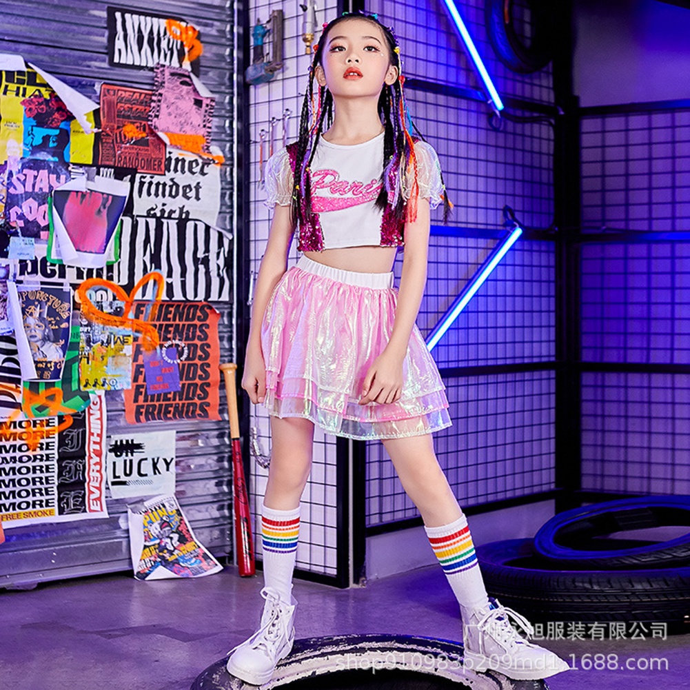 Bộ Trang Phục 2 Mảnh Gồm Áo Crop Top Và Váy Màu Hồng Tím Phong Cách Hip Hop Dành Cho Bé Gái Trong Trường Học/ Biểu Diễn