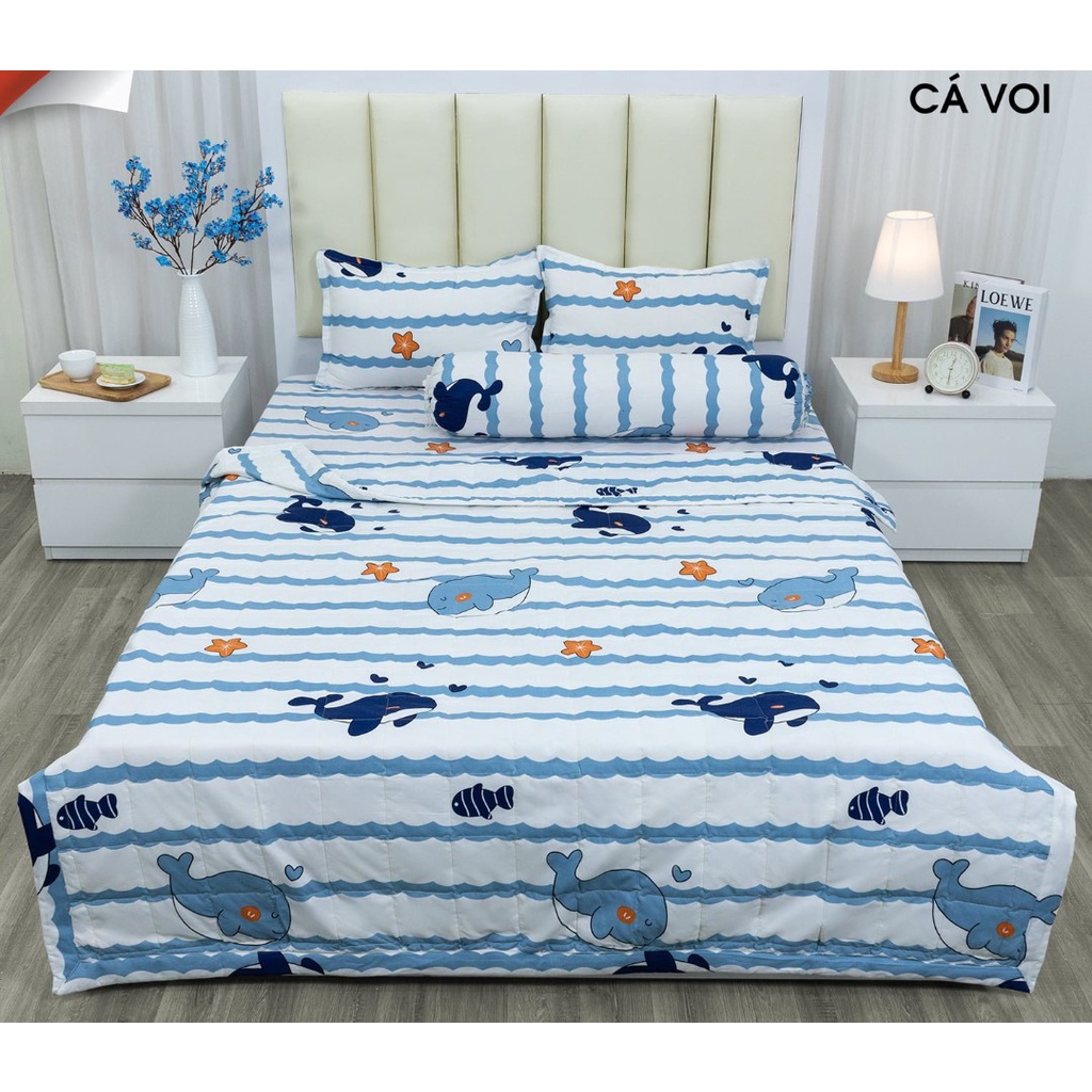 Bộ chăn hè ga gối 1m6x2m set 4 món-Vải Cotton Polymẫu tim xanh