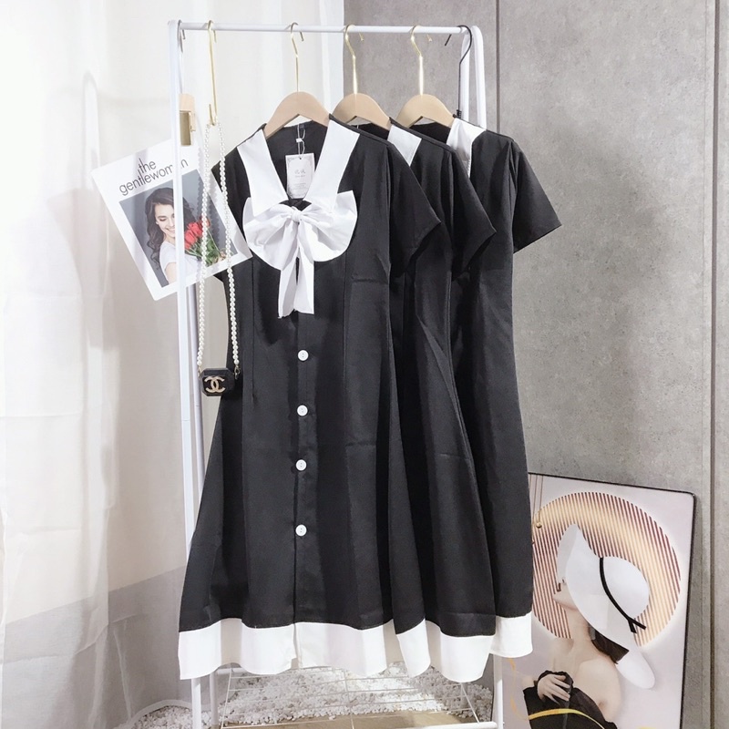 ✔ 𝗙𝗥𝗘𝗘 𝗦𝗛𝗜𝗣  Váy Đen Cổ Nơ Trắng Chất Chéo Thái Dầy Dặn Mặc Đi Đám Cưới , Ăn Tiệc Thì Hết Ý Ạ