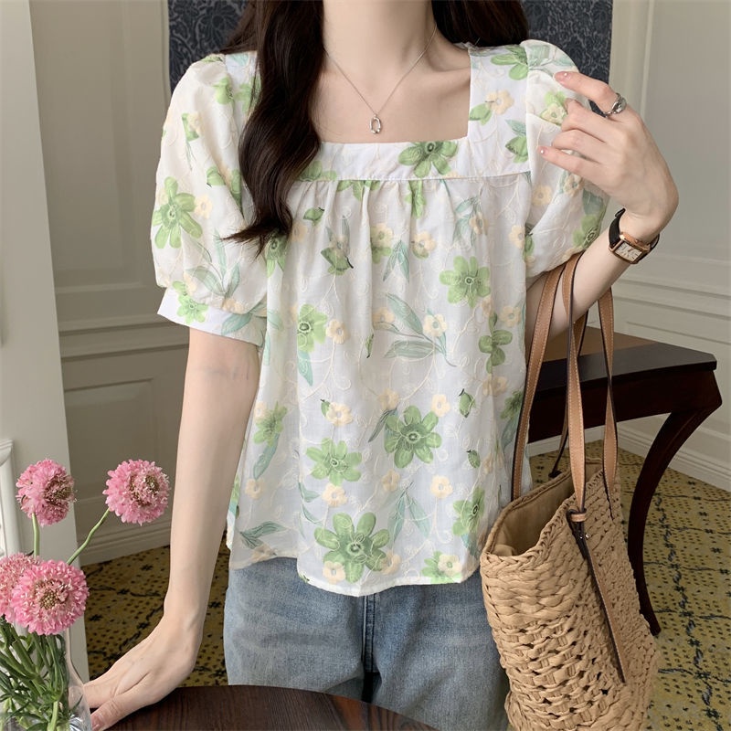 Áo Sơ Mi Tay Phồng Cổ Vuông Dáng Rộng Thêu Họa Tiết Hoa Thời Trang Mùa Hè Mới